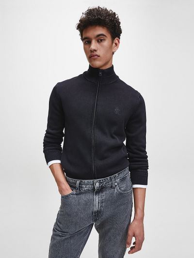Calvin Klein Ruhák HU835949 | Calvin Klein Combed Cotton Zip Up Férfi Kardigán Fekete